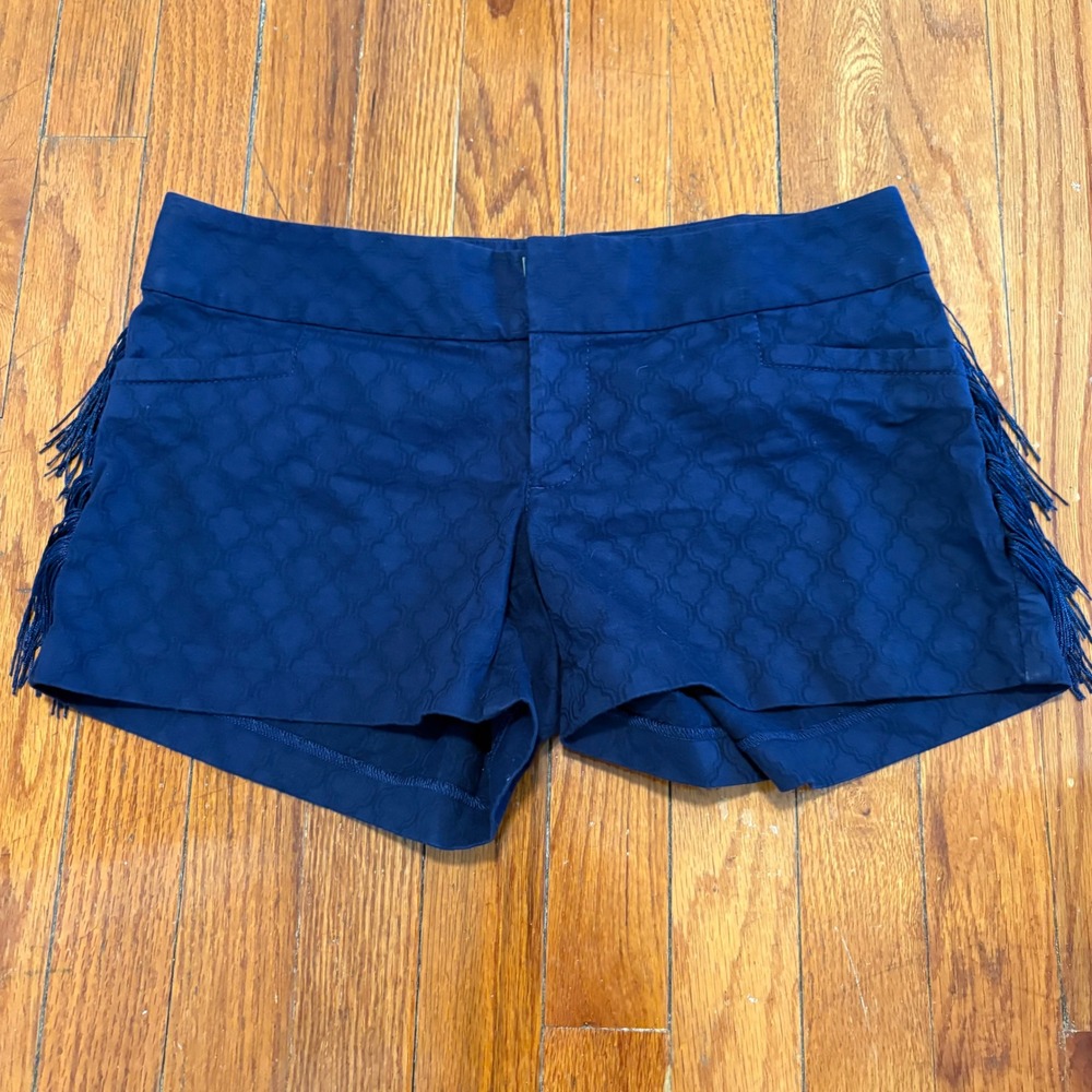 Lilly Pulitzer Women 0 Shorts Navy Blue Fringe Trim Jacquard Tile Pattern Boho